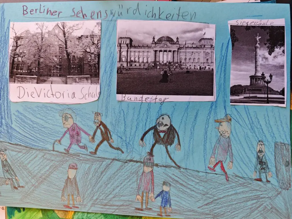 Kinderzeichnung mit Berliner Sehenswürdigkeiten und Schule